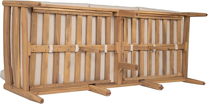Christopher Knight Home Kavets 76.25'' W Outdoor 3 Seater Sofa with 5" Cushion, Acacia Wood Patio Sofa, Modern Slat Panel Bench, Spacious Seating Couch for Backyard Garden Porch, Light Teak+Beige