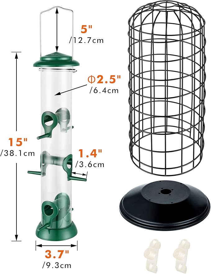 iBorn Bird Feeders Hanging-Squirrel & Pigeon Proof Bird Feeder, Heavy Duty All Metal Green 14 Inch, Outdoor for Mix Seed Blends & Garden