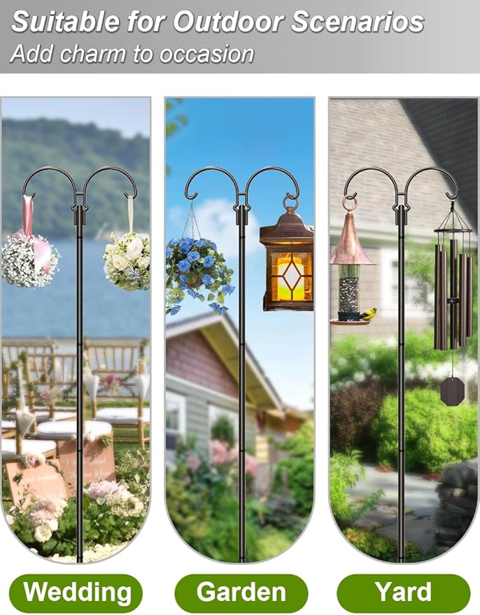 Outdoor Double Shepherds Hook with 5 Prong Base, 92 Inch Adjustable Heavy Duty Two Sided Bird Feeder Pole Stand for Hanging Plant Baskets, Solar Light Lanterns, Hummingbird Feeder, 1 Pack