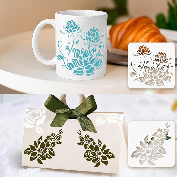 12 Pcs Large Flower Stencils for Painting, 5.12 X 5.12 Inch Flower Stencils for Crafts Reusable, Wood and Wall Stencils for Painting Large Pattern, DIY Templates Holiday Wall Paper (H)