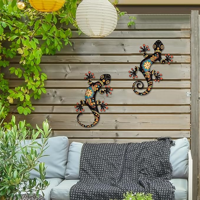 Metal Gecko Outdoor Decor -2 Pack 11.8 inch Metal Lizard Wall Hanging Sculpture Decoration for Indoor or Outdoor, Garden Yard Fence Porch Wall Decorations