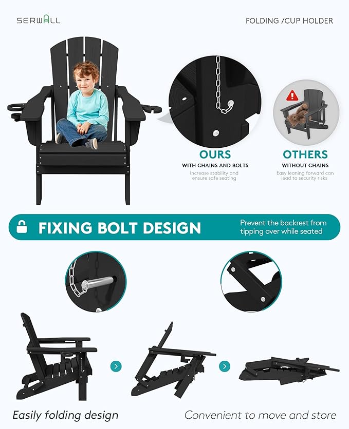 SERWALL Folding Adirondack Chair, Dual Cup Holders, Wood-Like Patio Chair for Backyard, Camping,Pool & Fire Pit- Black