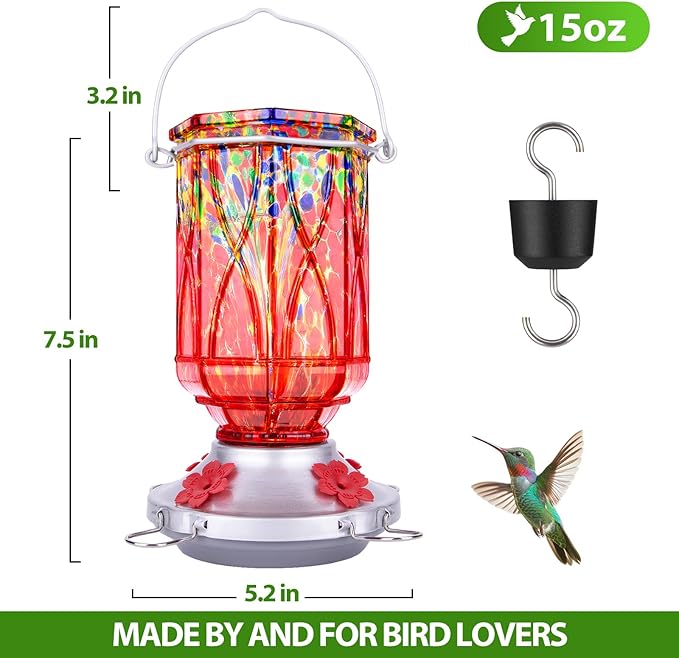 Hummingbird Feeders for Outdoors with Ant Moat, Hand Blown Glass Hummingbird Feeder, 4 Feeding Ports with Perch, Outdoor Garden Décor, 15 OZ, Red, Gifts for Mom Wife Dad Men Women