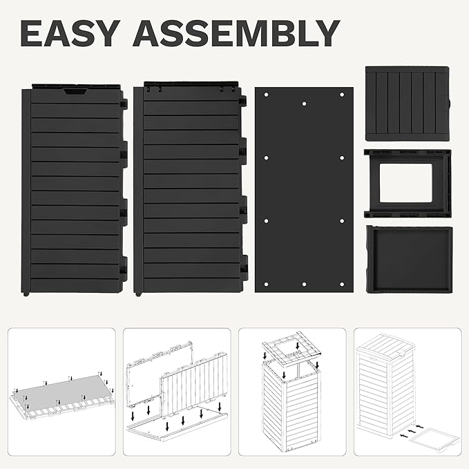 DWVO 38 Gallon Outdoor Trash Can with Lid & Drip Tray, Waterproof Hideaway Garbage Bin, Waste Container for Patio, Backyard, Deck, Garden, Easy Assembly & Clean (Black)