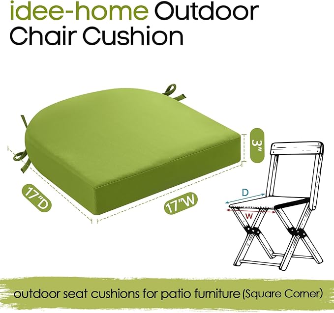 idee-home Outdoor Chair Cushions Set of 4, Thick 17" x 17" x 3" Patio Chair Cushions for Outdoor Furniture Waterproof with Ties, Seat Cushion, Patio Chair Pads Dining Chair Green