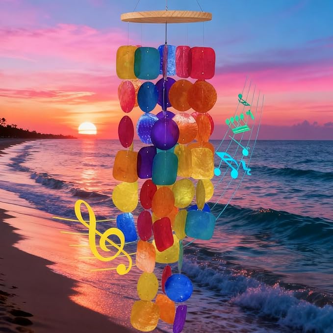 Handcrafted Shell Wind Chime - 20 Inch Rainbow Light Colorful Sea Glass Wind Chimes for Outside, Indoor Garden Coastal Decor, Wind Chimes for Outside Clearance Great Gift, Nature Lovers
