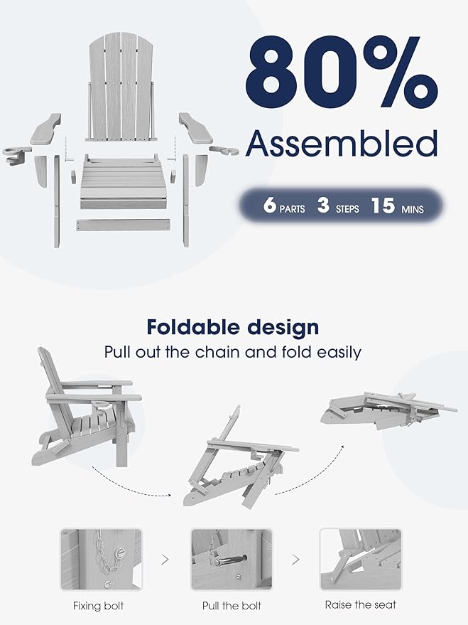 KINGYES Folding Adirondack Chair with Dual Cup Holders - HDPE All-Weather Outdoor Chairs, Wood-Like Patio Chair for Backyard, Camping, Pool & Fire Pit, Silver Grey