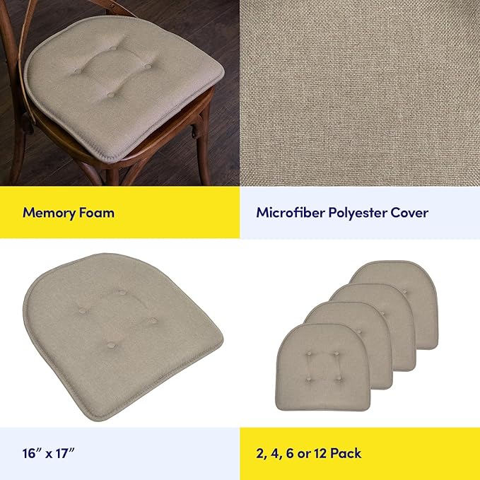 Sweet Home Collection Chair Cushion Memory Foam Pads Tufted Slip Non Skid Rubber Back U-Shaped 17" x 16" Seat Cover, 2 Count (Pack of 1), Khaki