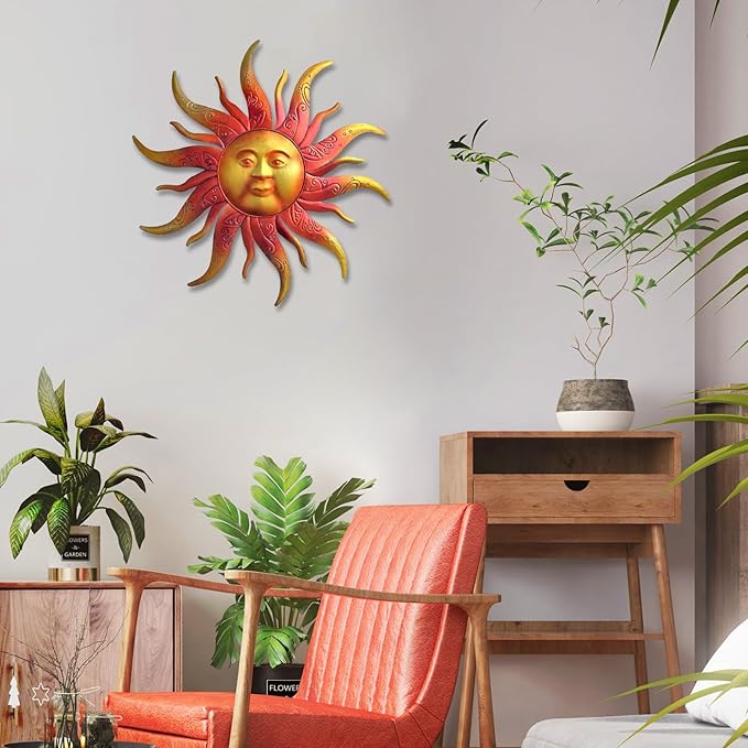 Large Metal Sun Wall Art Decor - 23.6 Inches Rustic Retro Hanging Decoration for Indoor Outdoor, Home Garden Farmhouse Yard Patio Fence Living Room Bedroom (Gold)
