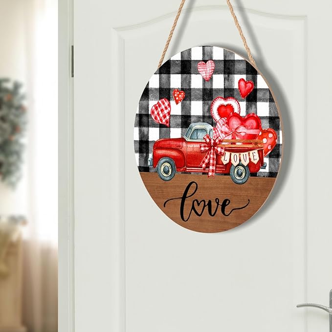 Valentines Day Love Truck Door Sign For Front Door Decor,Black and White Buffalo Plaid Red Heart Wooden Sign 12"x 12" Round Wood Hanging Door Sign Decoration for Wall Rustic Farmhouse Porch Decor