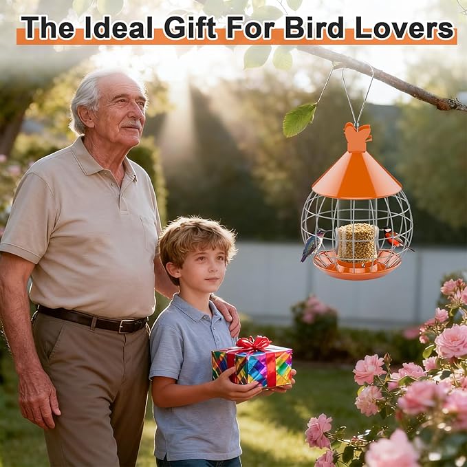 Bird Feeder for Outdoor, Squirrel Proof Bird Feeder for Outdoors Hanging, Weatherproof, Easy to Clean & Refill, Large Capacity Metal Seed Feeder for Finch, Blue Jay, Hummingbird, Orange