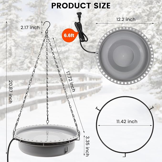 Hanging Heated Bird Bath for Outdoors for Winter, Large Capacity Heated Birdbath Deicer,75W Thermostatically Controlled Birdbath Heater for Winter Garden Patio Yard Decoration