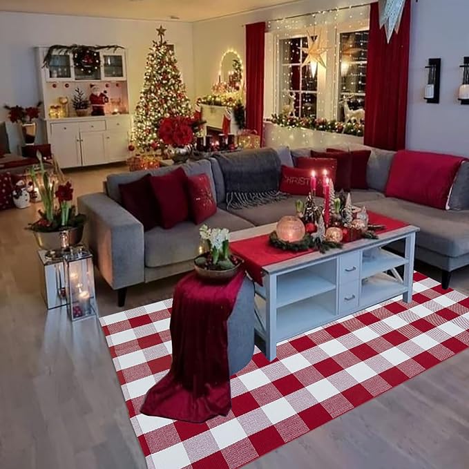 Christmas Outdoor Mat Buffalo Plaid Christmas Decor Rug Cotton Hand-Woven Layered Door Mats Washable Carpet for Front Porch, Kitchen, Farmhouse, Entryway