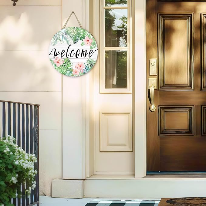 Summer Tropical Welcome Palm Leaf Sign for Front Door Wooden Green Palm Leaves Flower Door Signs Summer Floral Round Door Hanger for Wall Home Office Decorations