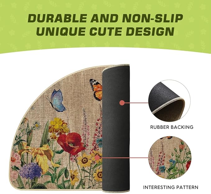 Artoid Mode Wood Flowers Butterfly Spring Semicircular Doormat, Home Summer Decor Low-Profile Switch Rug Door Mat Floor Mat for Indoor Outdoor 17x29 Inch