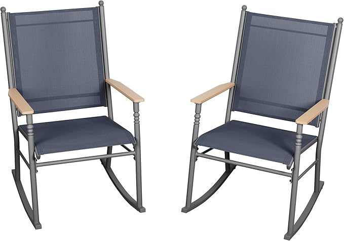 JY QAQA Outdoor Rocking Chair Set of 2, High Back All-Weather Patio Rocking Chairs with Breathable Back Rest, Ergonomic Design Porch Chairs for Porch, Garden, Balcony, Pool, Deep Gray