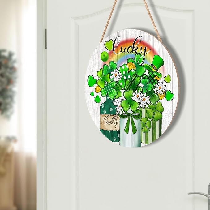 St. Patrick's Day Lucky Green Clover Door Sign For Front Door Decor,Shamrock Mason Jar Rainbow Wooden Sign 12"x 12" Round Wood Hanging Door Sign Decoration for Wall Rustic Decor