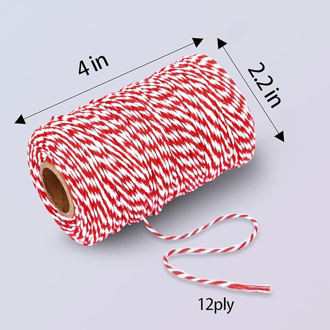 Cotton Twine String Bakers Rope: 2 Roll Twines for Crafts Gift Wrapping - 656 Feet Red White Twine for Kitchen Cooking