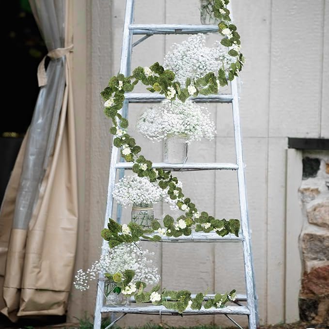 CISDUEO 2 Pcs Spring Summer Flower Garland Geranium Artificial Garland Outdoors White Geranium Artificial Flowers UV Resistant Hanging Basket Floral Garland for Porch Farmhouse Centerpiece Decor