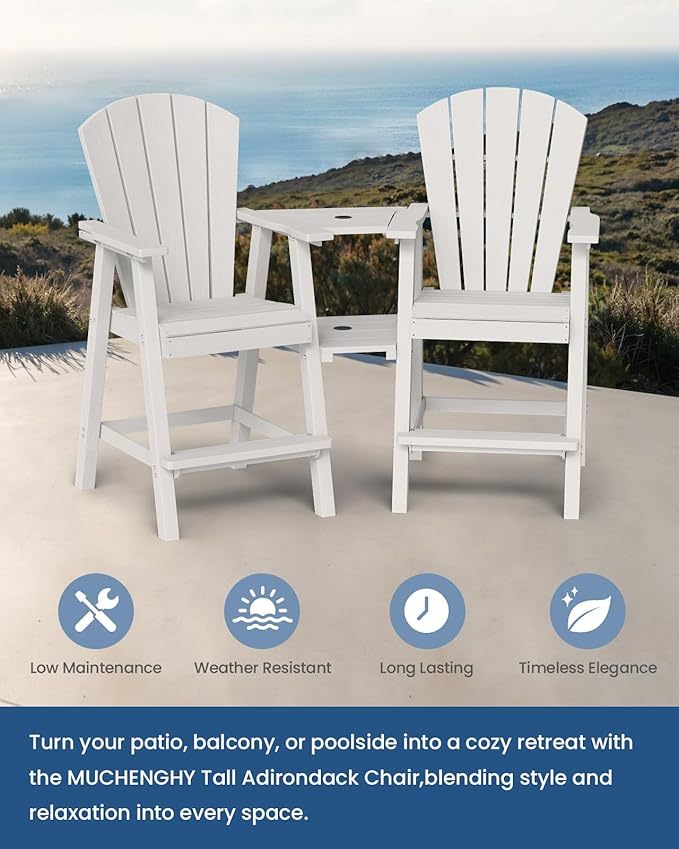 Ciokea Tall Adirondack Chairs Set of 4, HDPE Outdoor Adirondack Bar Stools with Double Connecting Tray, Weather Resistant High Back Adirondack Balcony Chairs for Deck, Lawn, Pool, Backyard, White