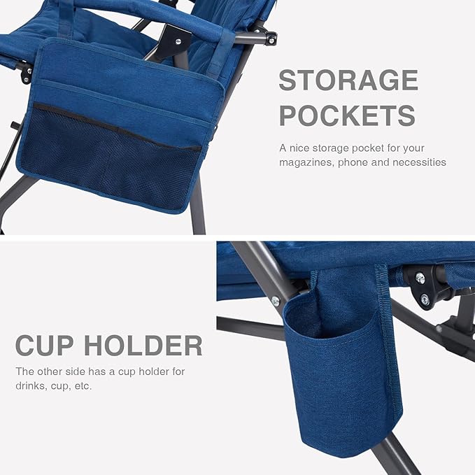 EVER ADVANCED Oversized Folding Rocking Camping Chair, Padded Portable Rocker Chair for Patio, Lawn and Outdoors, Heavy Duty Hard Armchair for Adults Supports 400lbs, Blue