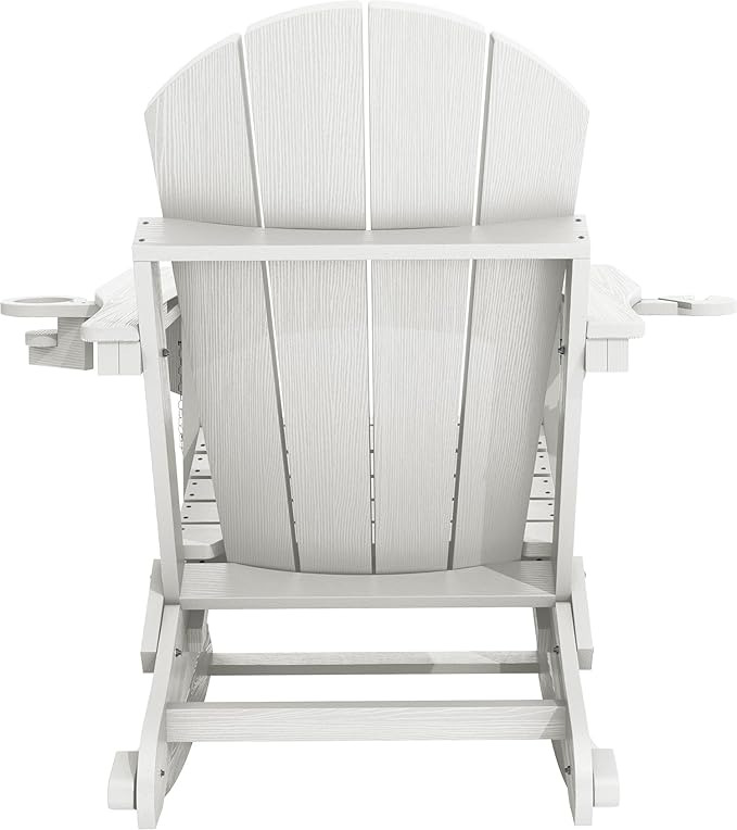 KINGYES Adirondack Rocking Chair Set of 2 with Retractable Ottoman and Cup Holders, HDPE Adirondack Rocker Patio Rocking Chair for Porch, Patio, Balcony, White