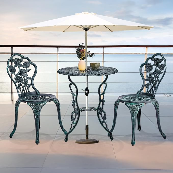 VINGLI 3 PCS Outdoor Bistro Set, Outdoor Patio Set, All-Weather Cast Aluminum Bistro Table Set, Bistro Table and Chairs Set of 2 for Backyard, Garden, Balcony (Green, Rose)