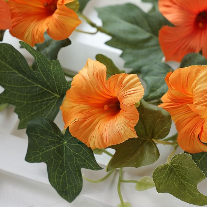 Mizii Artificial Petunias Flower Vines Garland 6 Feet Orange Faux Morning Glory Silk Flowers Garland UV Resistant Fake Hanging Vines Plants Decorations for Outdoor Garden Indoor Home Decor (Orange)