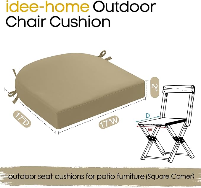 idee-home Outdoor Chair Cushions Set of 2, Thick 17" x 17" x 2" Outdoor Seat Cushions Patio Furniture Waterproof with Ties, Dining Pads