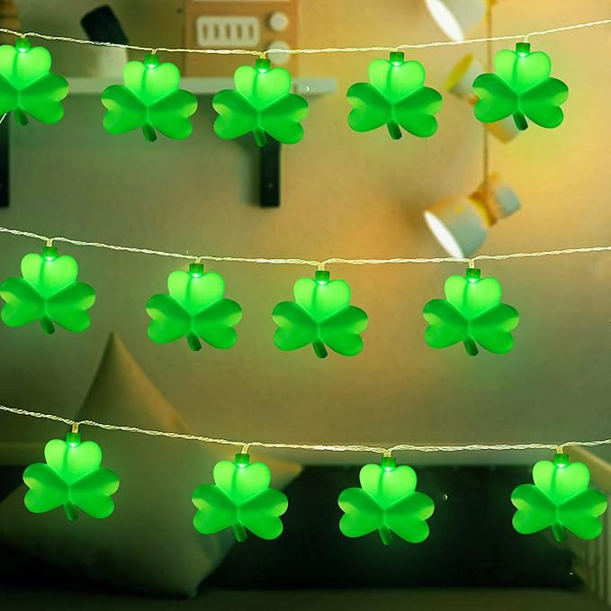 Shamrock String Lights, 8.5Ft St Patrick's Day Decorations String Lights with 10 Green Clover Lights, Connectable Shamrock Indoor Fairy Lights for St Patrick's Day Party Irish Holiday Garden Decor