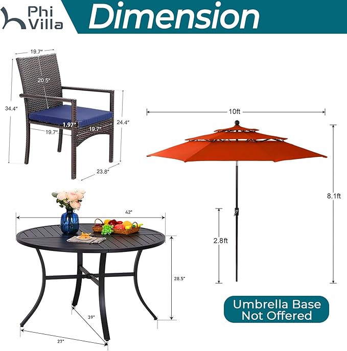 PHI VILLA 5 Pieces Outdoor Dining Set with Umbrella for 4, Round Metal Iron Dining Table & Wicker Chairs with Cushions & Large Red Umbrella, Morden Dining Furniture for Patio, Deck, Yard, Porch