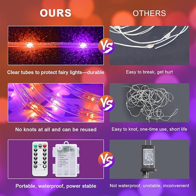 JMEXSUSS 2 Pack Orange and Purple Battery Operated Halloween String Lights Outdoor Warterproof Total 200LED 8 Modes Battery Powered Rope Lights Outdoor with Remote for Halloween Decor