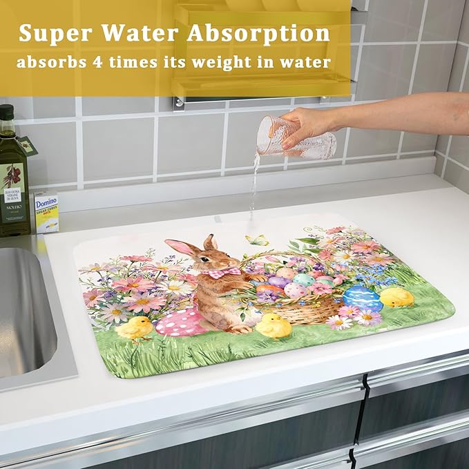 Easter Bunny Eggs Dish Drying Mat for Kitchen Counter 18x24 Inch Spring Flowers Large Microfiber Dish Drainer Rack Mats