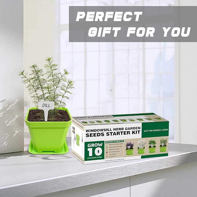 10 Herb Seeds Garden Starter Grow Kit with Green Pots, Markers, Soil Discs, Watering, Herb Clipper, Complete Indoor Potted Plant Growing Set for Kitchen DIY