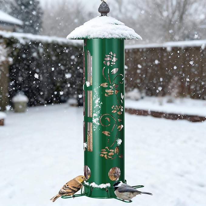 Veehoo Squirrel Proof Bird Feeders for Outdoors, Hanging Wild Bird Feeder Anti Squirrel with Weight-Activated Perches, Metal Cardinal Finch Feeder Outside Decorative for Thistle and Mixed Seed, Green