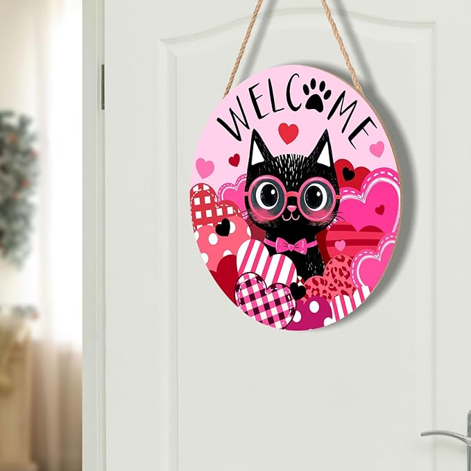 Welcome Valentine's Day Black Cat Door Sign For Front Door Decor,Pink Love Heart Wooden Sign 12"x 12" Round Wood Hanging Door Sign Anniversary Wedding Decoration for Wall Rustic Decor