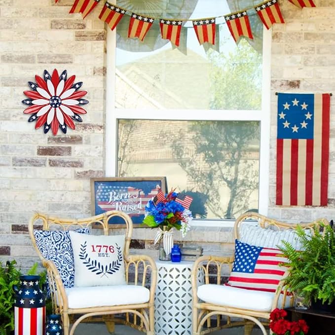 hogardeck 4th of July Decorations Outdoor, 11 inch Red White and Blue Metal Flower Wall Art for Fourth of July Decor, Patriotic Decorations for Yard Garden Home Indoor Mantel