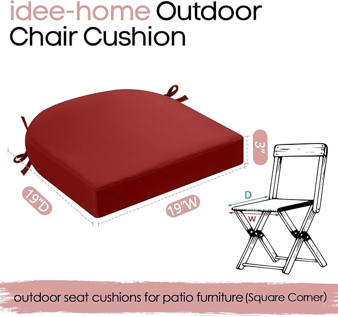idee-home Outdoor Chair Cushions Set of 2, Thick 19" x 19" x 3" Patio Chair Cushions for Outdoor Furniture Waterproof with Ties, Seat Cushion, Chair Pads Dining Chair Spice