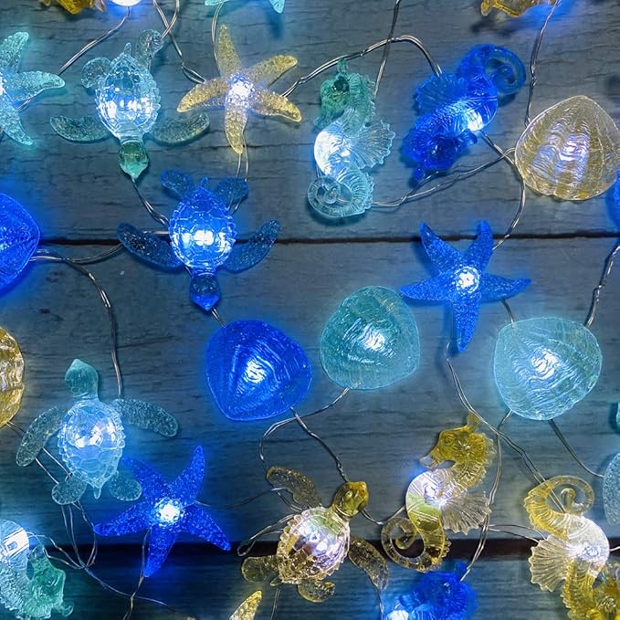Coastal Solar String Lights Outdoor Garden Lights Marine Life Solar Fairy Garden Lights for Outside 14ft 40LED Waterproof Turtle Seahorse Starfish Clam Beach House Nautical String Lights Yard Decor