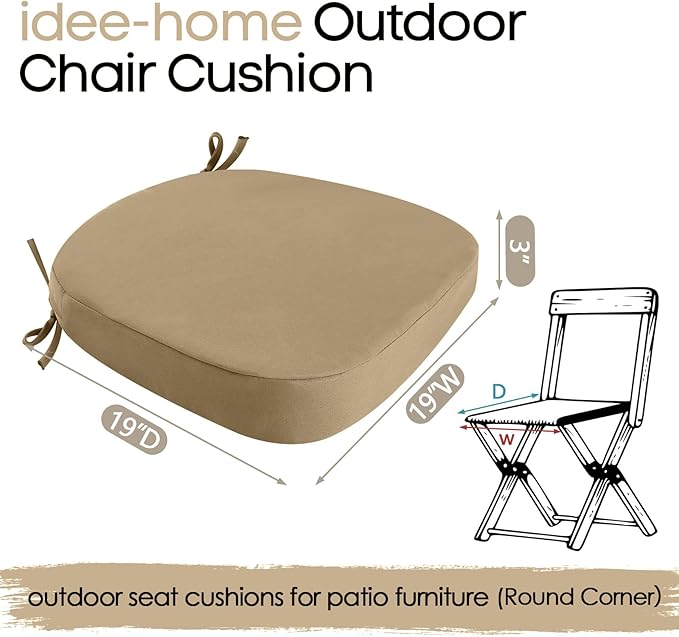 idee-home Outdoor Chair Cushions Set of 4, 19" x 19" x 3" Thick D-Shaped Patio Furniture Outdoor Seat Cushions Waterproof with Ties, Dining Pads