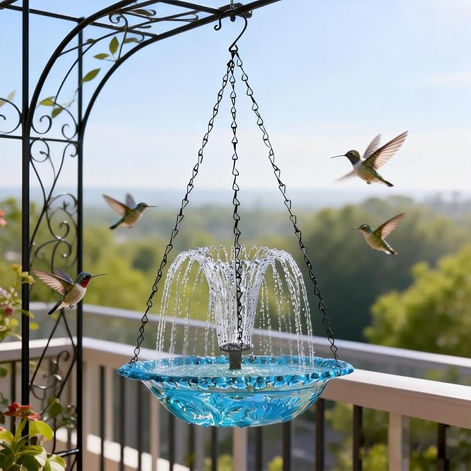 Solar Hanging Bird Baths Bowl Outdoor Bird Feeder 15.7 Inch Metal Chains, Weather-Resistant Hanging Wildbird Feeder & Bath Tray for Garden, Patio, Backyard (Solar Style)