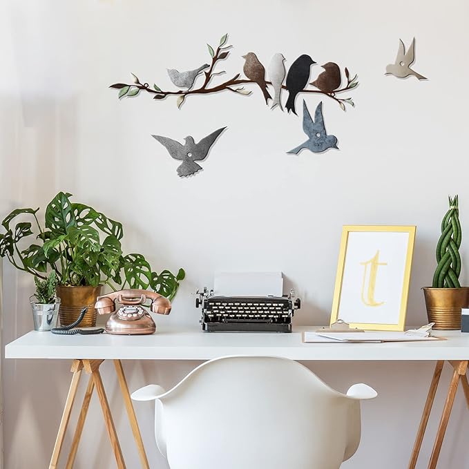 Ferraycle Metal Bird Wall Art Birds on the Branch Decor Metal Sculpture Silhouette Ornament Branch Wall Hanging Sign for Balcony Garden Home Decor(Dark Colors)