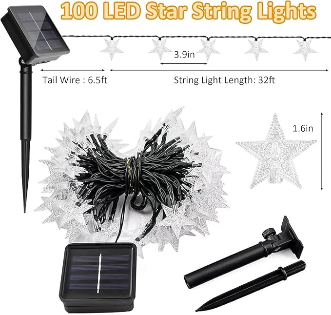 4th of July Twinkle Solar Star String Lights Decorations Outdoor Waterproof Fairy Lights 39FT Red White and Blue 100 LED with 8 Lighting Modes for Independence Day President Day Memorial Day