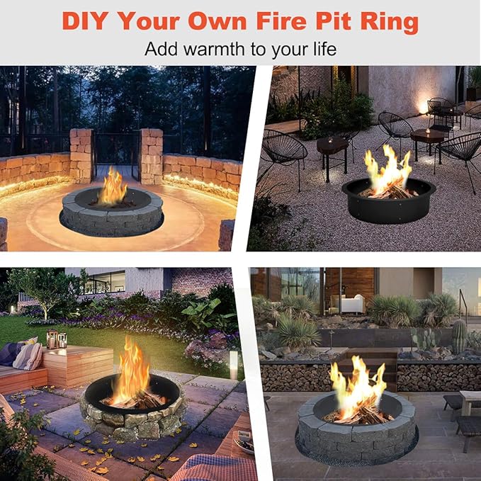 Koutemie Outdoor Fire Pit Ring Liner 35-Inch Outer/31-Inch Inner Diameter, Heavy Duty Solid Metal Steel Round Firepit Rim Insert for Outside DIY Campfire Ring Above or In-Ground, Black