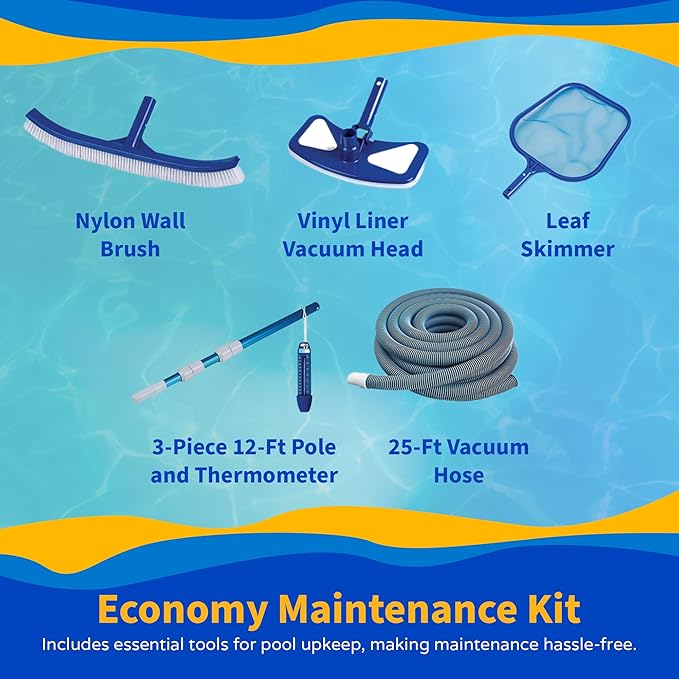 Blue Wave Sevilla 24-ft Round 52-in Deep Above Ground Swimming Pool – with Steel Wall & Top Rails, Sand Filter, Overlap Liner, A-Frame Ladder & Maintenance Kit – Complete Outdoor Pool Accessories