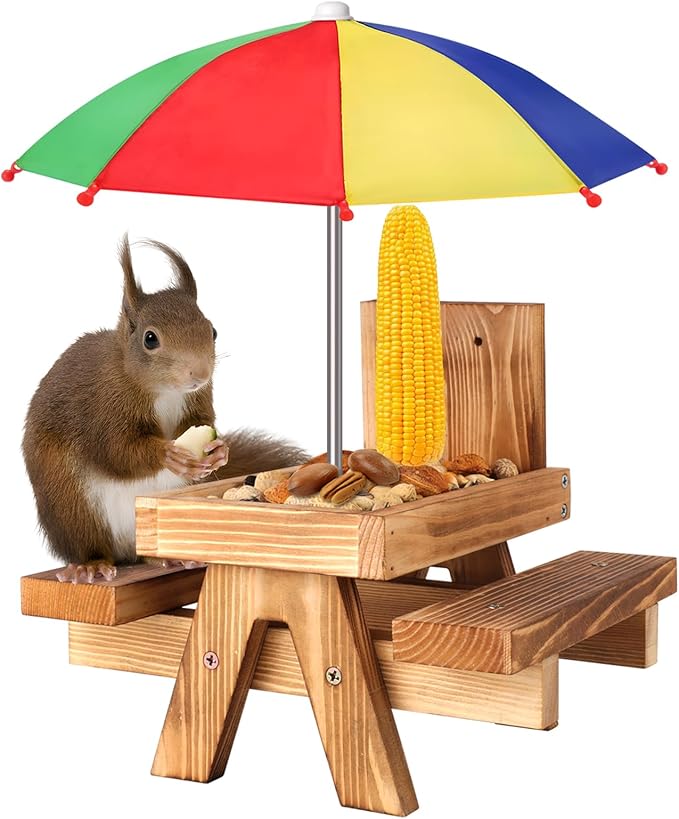 Gnodary Squirrel Feeder with Umbrella, Squirrel Feeders for Outside, Squirrel Picnic Table Feeder - Chipmunk Feeder Hold Corn, Corn Cob, Peanuts (Multiple Color 1)
