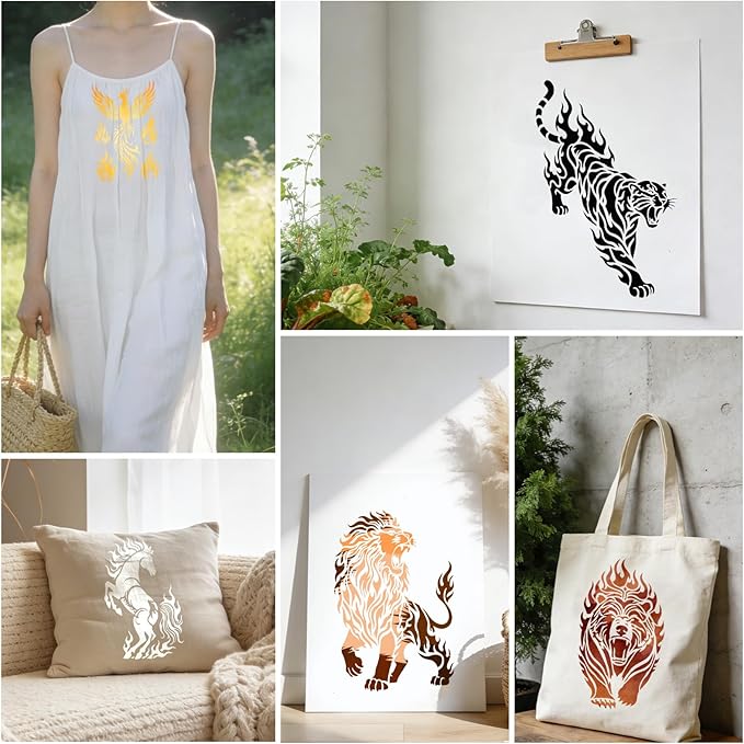 16 Pcs Lion Tiger Stencils, Reusable Large Tiger Dragon Wolf Bear Templates for Painting on Wood Floor Wall Rock Furniture Canvas Fabric DIY Craft Home Decor