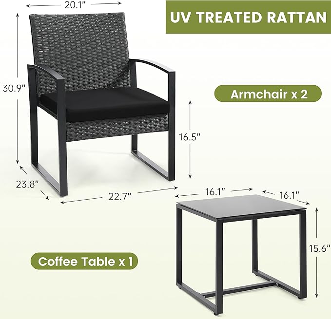 3 Piece Wicker Patio Bistro Set, Rattan Conversation Set with Coffee Table, for Balcony, Porch, Garden, Yard, Poolside, Black Frame with Black Cushion