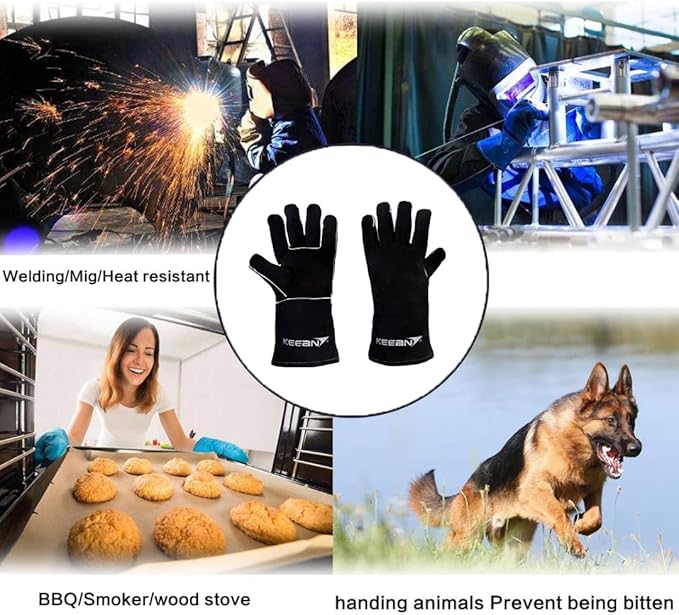 ARC/MIG 14 Inch Welding Gloves Black Heat&Fire Resistant At 500°C Leather Cut Proof Gaunlets With Kevlar Stitching, Thermal Work Safety Protective Heavy Duty, Pack Of 1