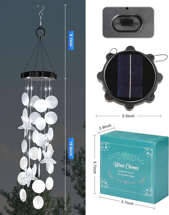 Solar Wind Chimes Decorative Lights for Outside, Shells Gifts for Mom Grandma Women Wife Girls, Hanging Solar Light for Holiday Garden Yard Window (White)